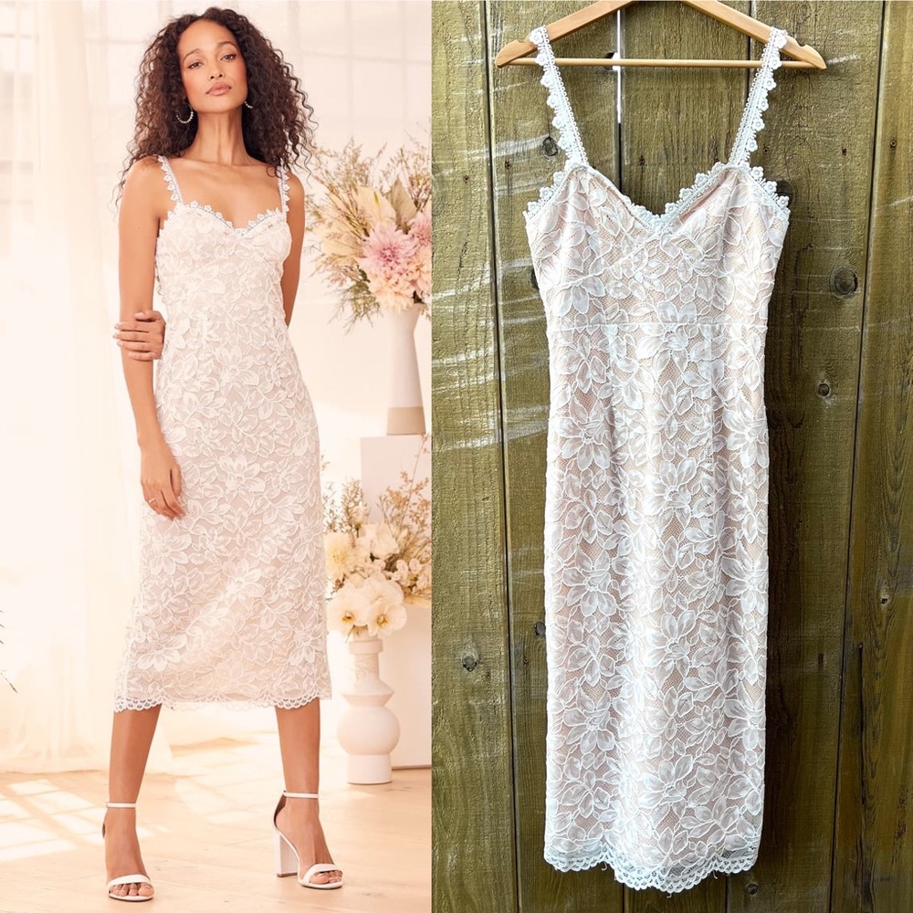 White Lace and Crochet Sweetheart Slip Midi Dress 🌿